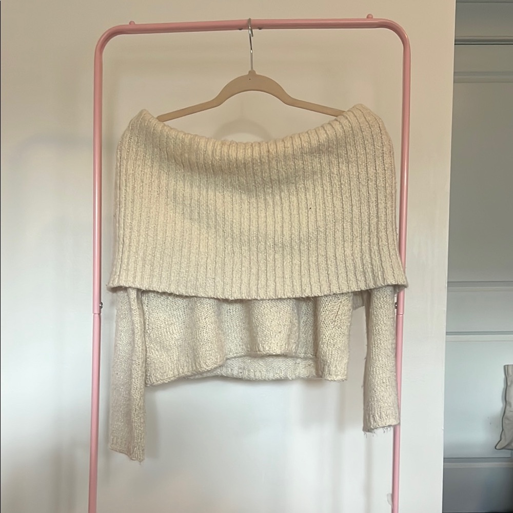 Aerie Cream Off-the-Shoulder Sweater with Ribbed Knit